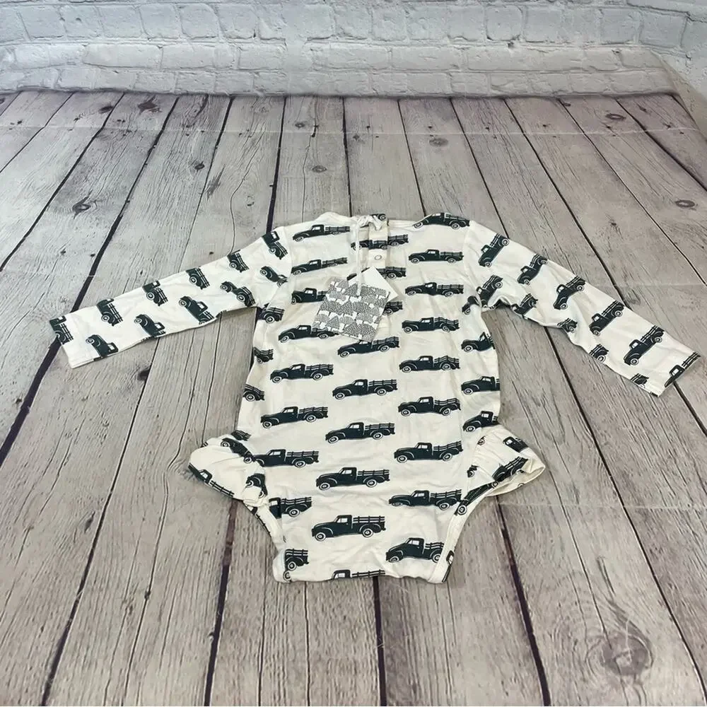 Kate Quinn Truck Pattern Bamboo Ruffle Trim Bodysuit